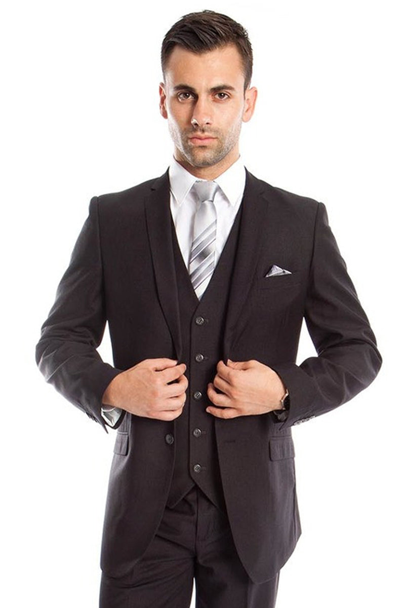 Men's Two Button Slim Fit Basic Vested Wedding Suit in Charcoal Grey