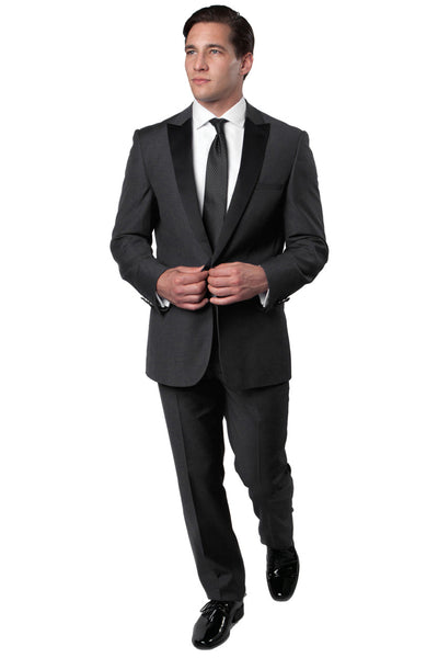 Men's Slim Fit One Button Peak Lapel Wedding Tuxedo in Charcoal Grey