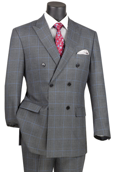 Mens Double Breasted Windowpane Plaid Suit in Charcoal Grey Grey