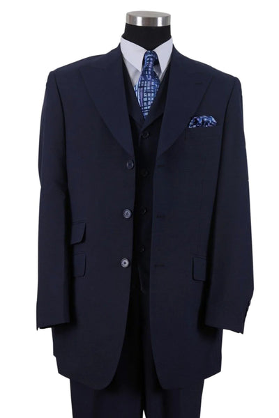 Mens 3 Button Vested Wide Peak Lapel Fashion Suit in Navy Blue