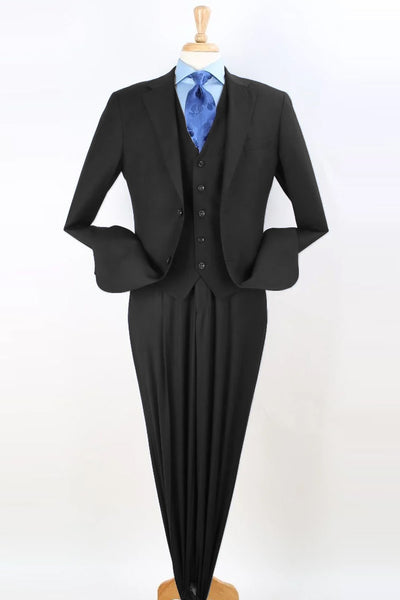 Mens 2 Button Pleated Pant Classic Fit Vested Suit in Black 