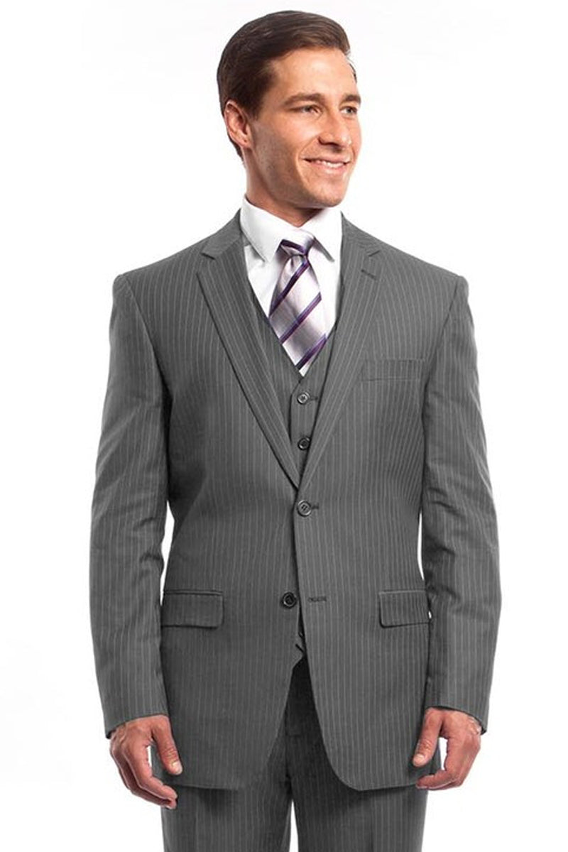 Men's Two Button Vested Business Suit in Light Grey Pinstripe