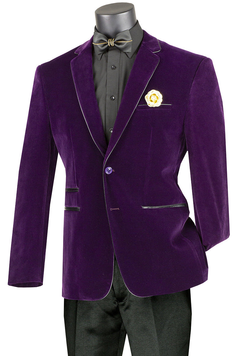 Mens 2 Button Velvet Blazer in Purple with Black leather Piping Trim
