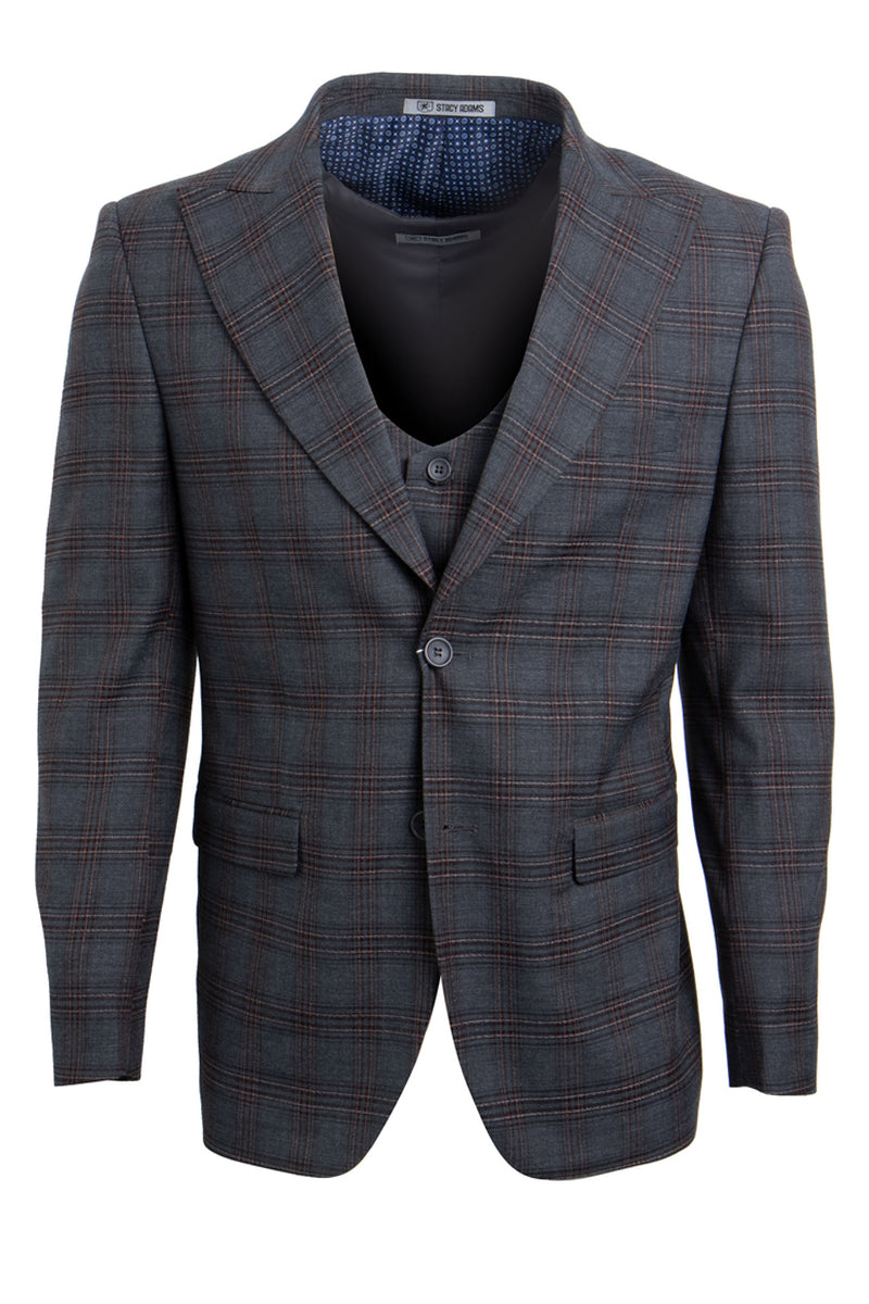 Men's Stacy Adams Two Button Vested Peak Lapel Plaid Suit in Charcoal Grey Windowpane