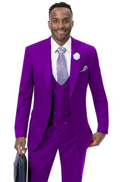 Mens Modern Two Button Vested Peak Lapel Suit with Double Breasted Vest in Purple