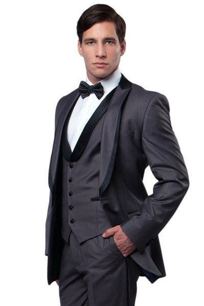 Men's One Button Satin Trimmed Peak Lapel Vested Fancy Tuxedo in Charcoal Grey