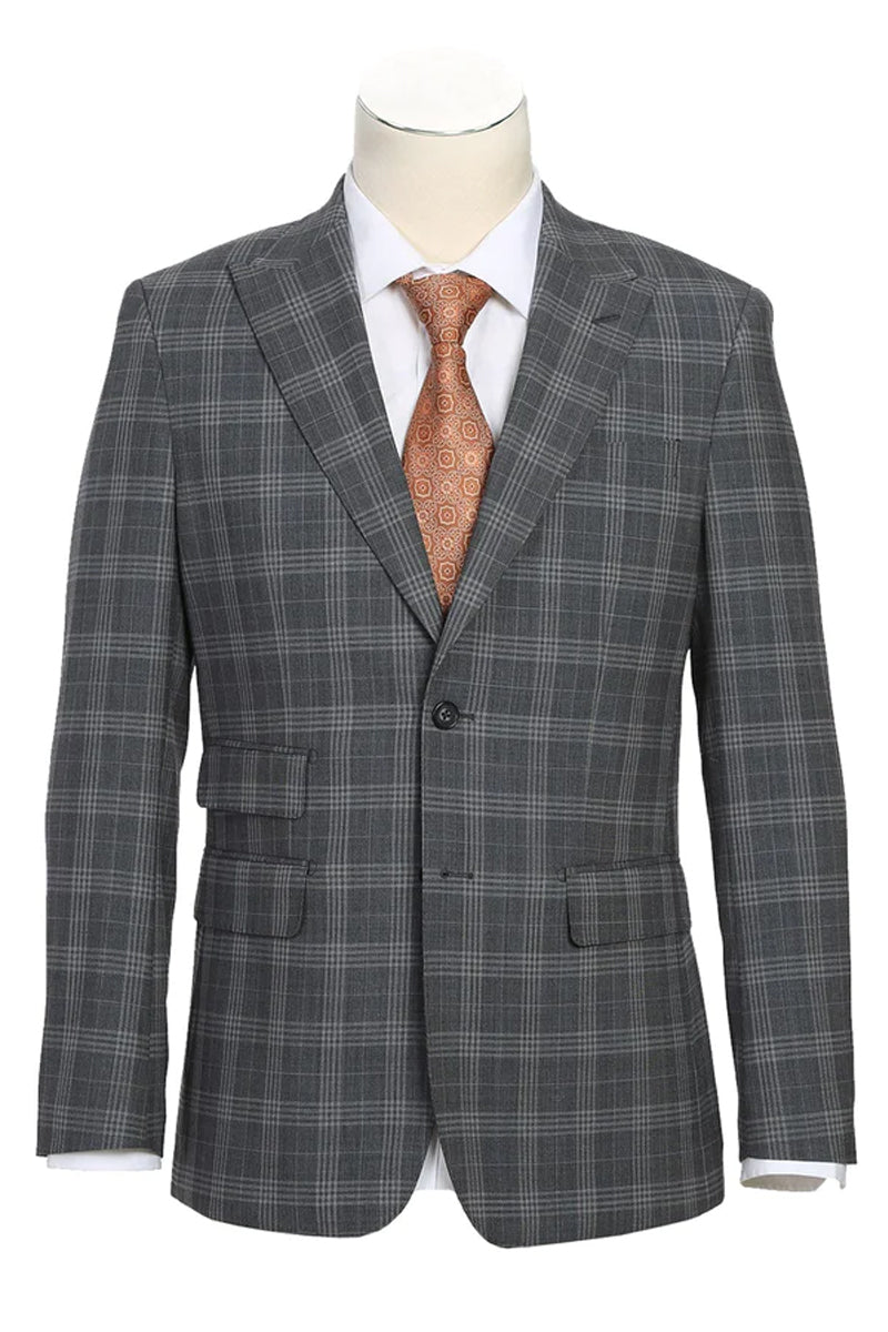 Mens English Laundry Two Button Slim Fit Peak Lapel Wool Suit in Grey Windowpane Plaid Check