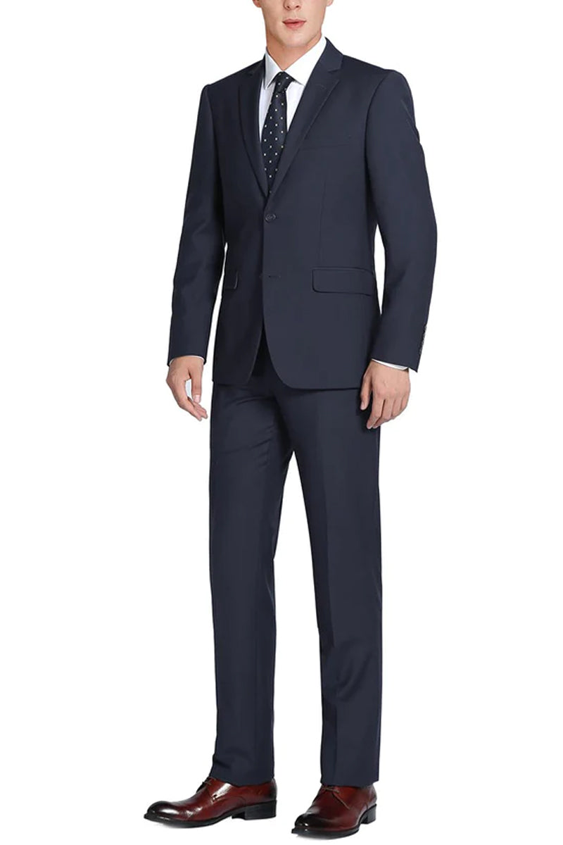 Mens Basic Two Button Classic Fit Wool Suit with Optional Vest in Navy Blue