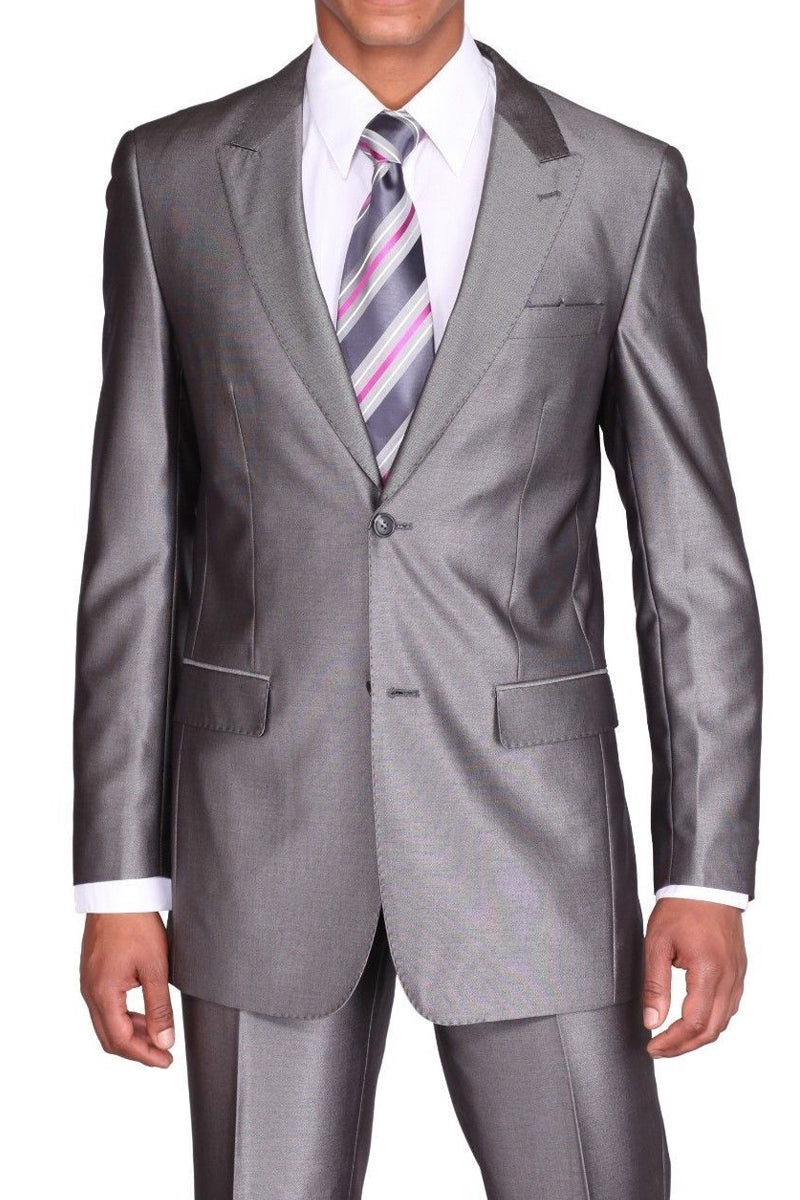 Mens 2 Button Slim Fit Peak Lapel Shiny Sharkskin Suit in Grey