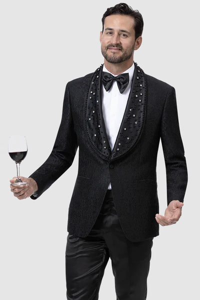 Mens Paisley Lace Style Prom Tuxedo Dinner Jacket with Diamond Lapel in Black