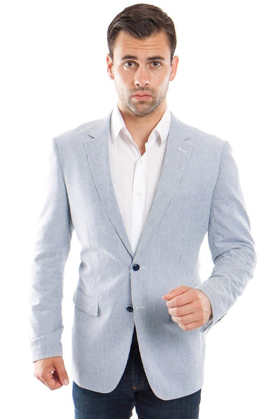 Men's Two Button Summer Seersucker Sport Coat Blazer in Blue