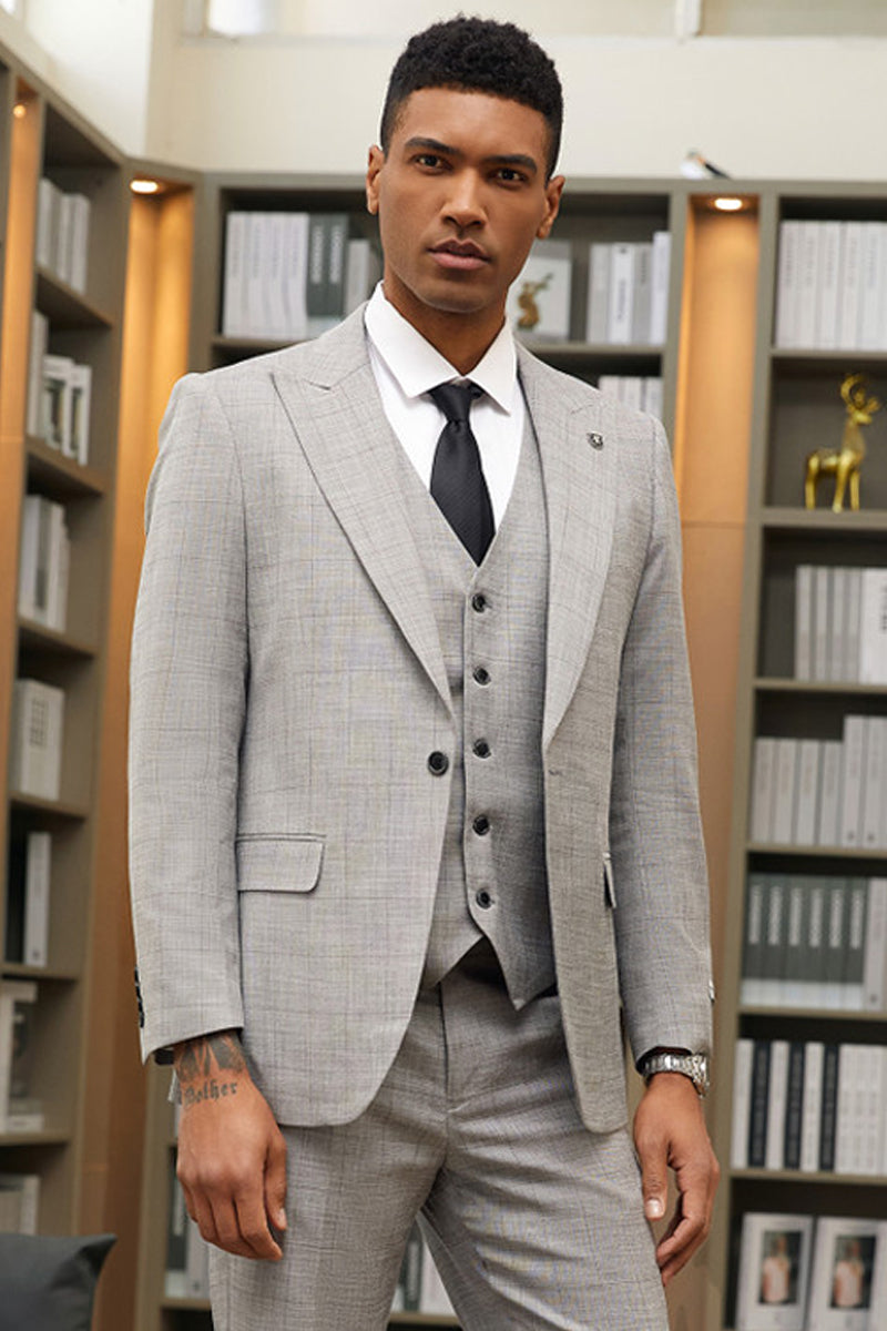 Men's One Button Stacy Adam's Peak Lapel Vested Summer Windowpane Plaid Suit in Grey