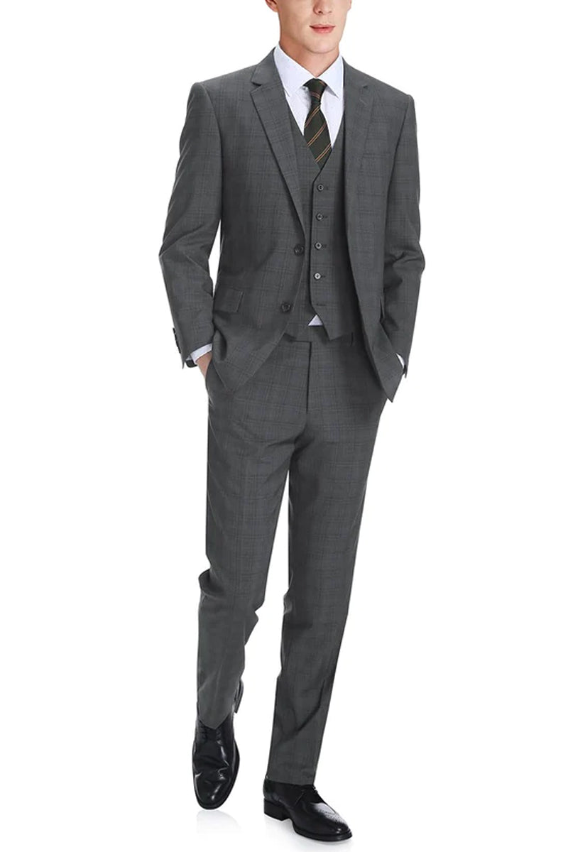 Mens Two Button Classic Fit Vested Suit in Charcoal Grey Windowpane Plaid