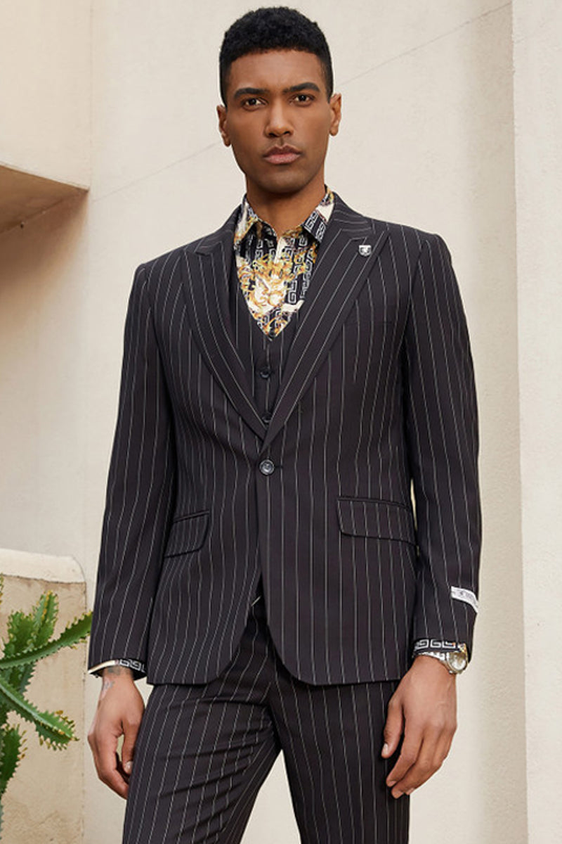 Men's Stacy Adam's One Button Vested Modern Suit in Black Pinstripe ...