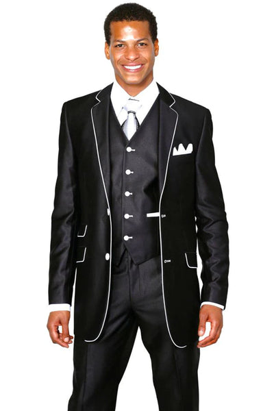 Mens Vested Slim Fit Shiny Sharkskin Tuxedo Suit in Black with White Piping