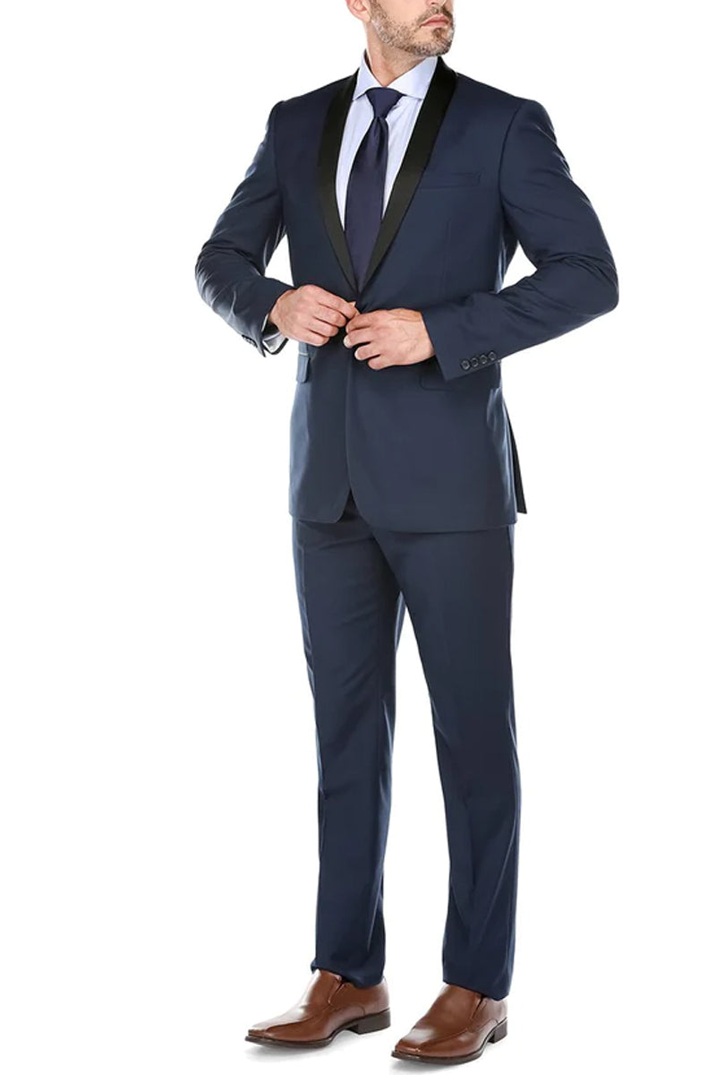 Mens Traditional Slim Fit Shawl Collar Tuxedo in Navy Blue