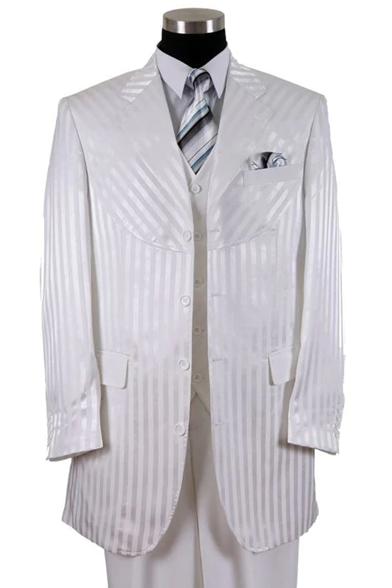 Mens 4 button Semi Wide Leg Shiny Tonal Stripe Fashion Suit in White