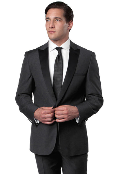 Men's Slim Fit One Button Peak Lapel Wedding Tuxedo in Charcoal Grey