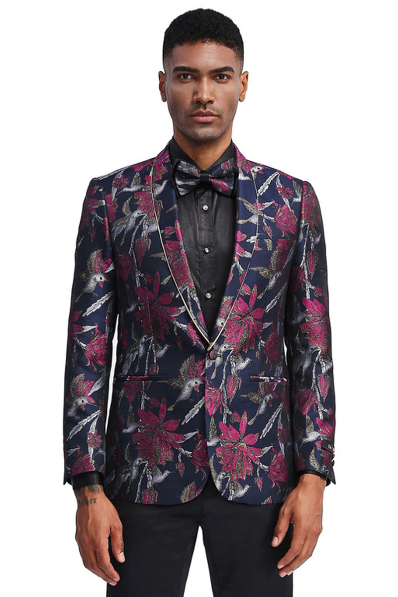 Men's Slim Fit Shawl Lapel Dinner Jacket in Navy & Fucshia Pink Floral Design