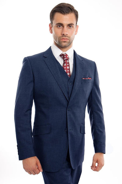 Men's Designer Two Button Modern Fit Vested Wool Suit in Indigo Blue