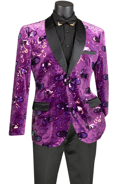 Mens Slim Fit Velvet Paisley Sequin Floral Prom Dinner Jacket in Purple
