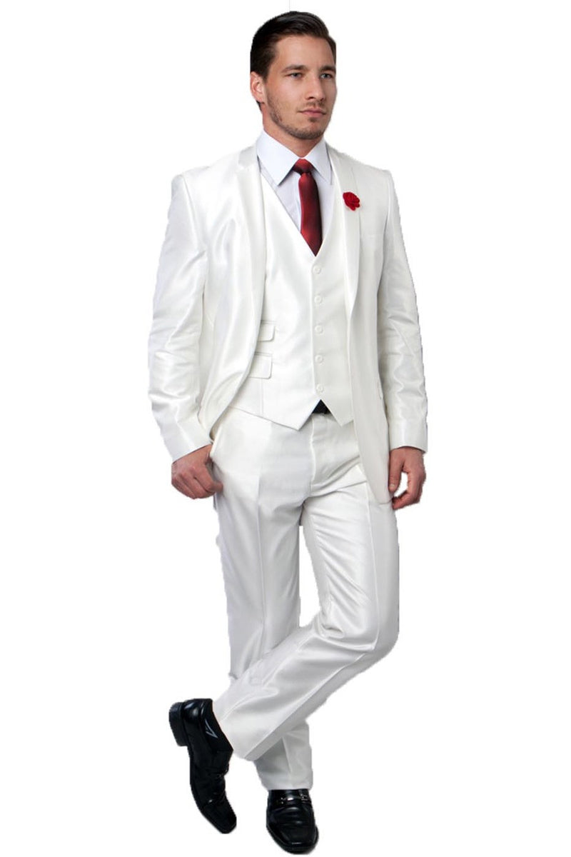 Men's Two Button Vested Shiny Sharkskin Wedding & Prom Fashion Suit in Ivory 48 Regular / Ivory Men's Two Button Vested Shiny Sharkskin Wedding & Prom Fashion Suit in Ivory 48 Regular / Ivory