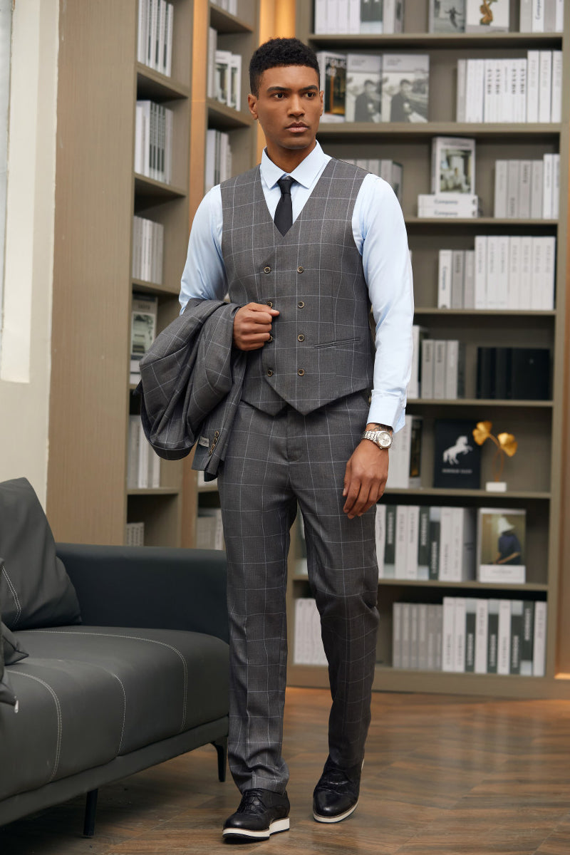 Men's Stacy Adams One Button Peak Lapel Suit with Double Breasted Vest in Charcoal Windowpane