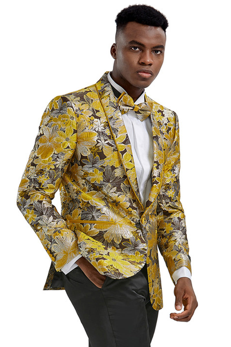 Men's Slim Fit Paisley Prom Tuxedo Jacket in Yellow Gold & Black