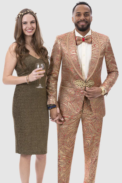Mens Slim Fit Two Piece Burgundy & Gold Paisley Prom Smoking Jacket Tuxedo with Gold Trim