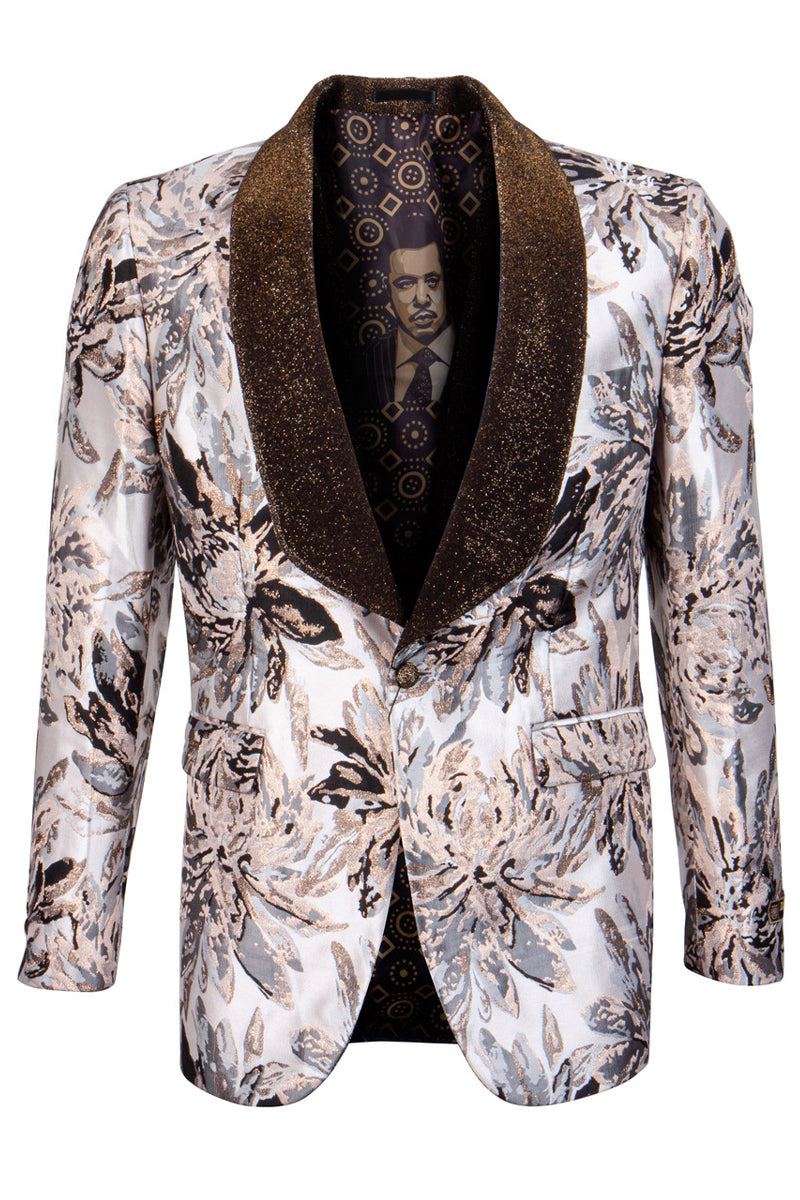 Men's Safari Print Velvet Glitter Shawl Tuxedo Jacket in Tan