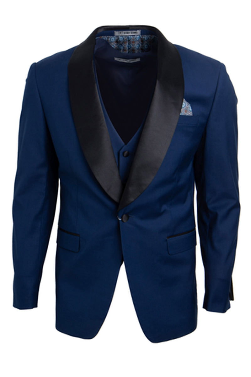 Men's Stacy Adams Vested One Button Shawl Lapel Tuxedo in Indigo Blue