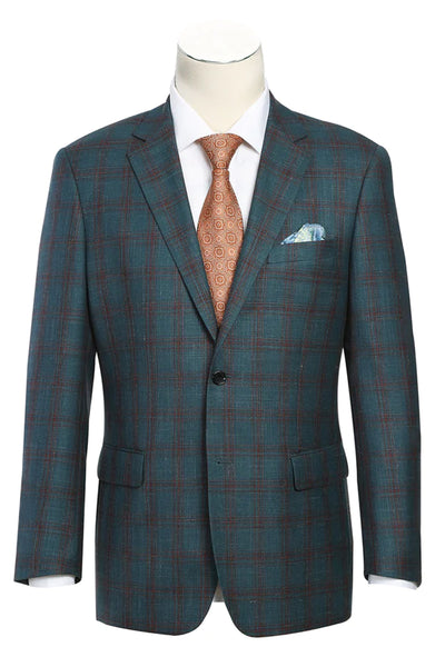 Mens Classic Fit Two Button Wool & Linen Sport Coat Blazer in Teal Blue Windowpane Plaid