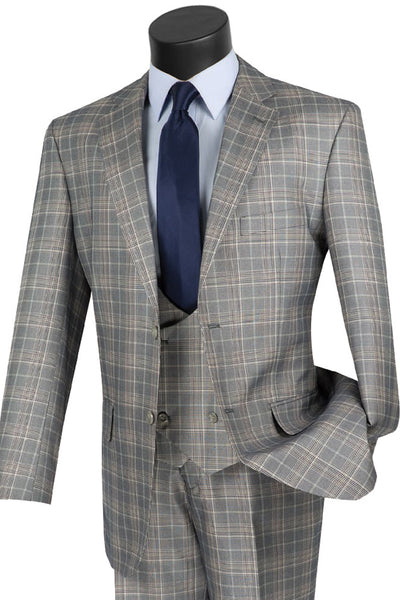 Mens 2 Button Vested Peak Lapel Plaid Windowpane Suit in Grey