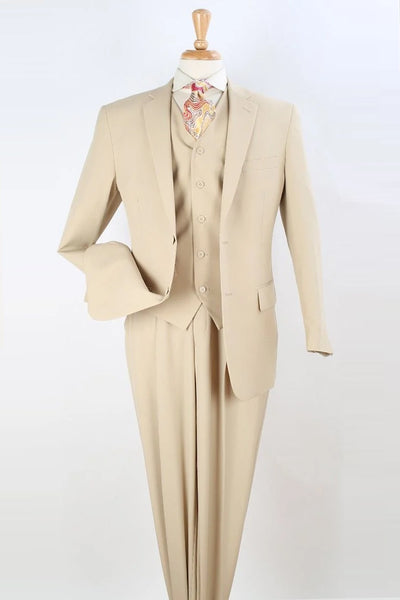 Mens 2 Button Pleated Pant Classic Fit Vested Suit in Tan