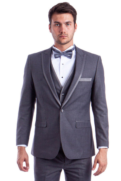 Men's One Button Peak Wedding Tuxedo with Satin Trim in Grey