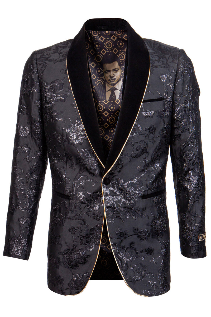 Men's Velvet Shawl Lapel Paisley Prom Tuxedo Jacket in Black with Gold Trim