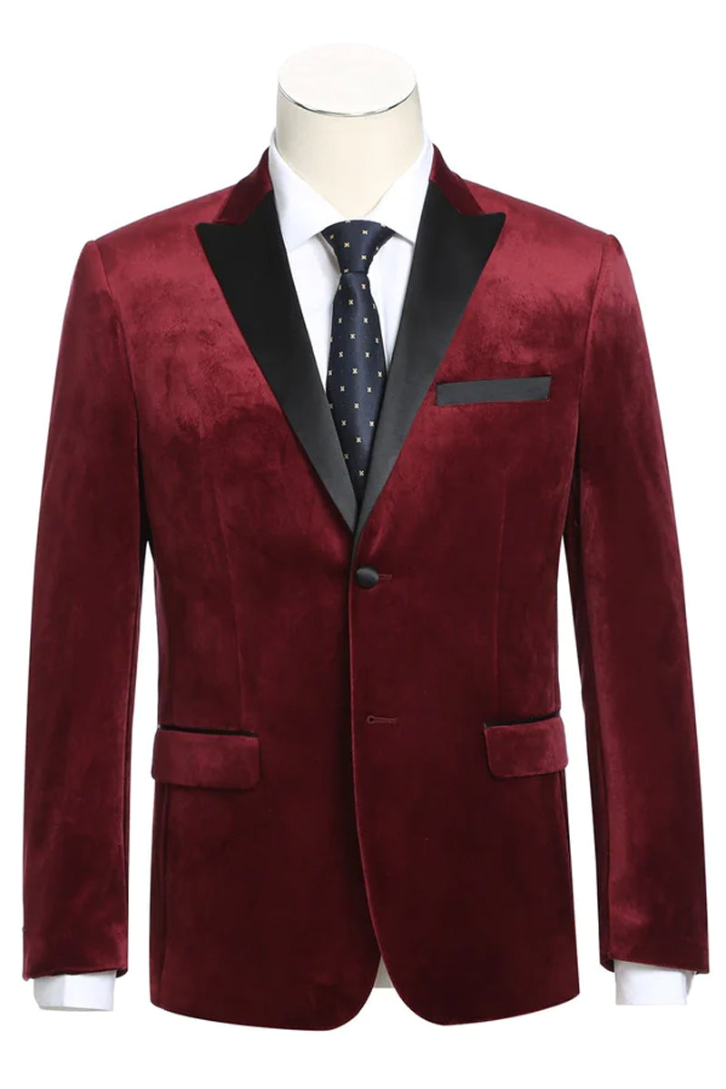 Mens Two Button Peak Lapel Velvet Prom Tuxedo Blazer in Red