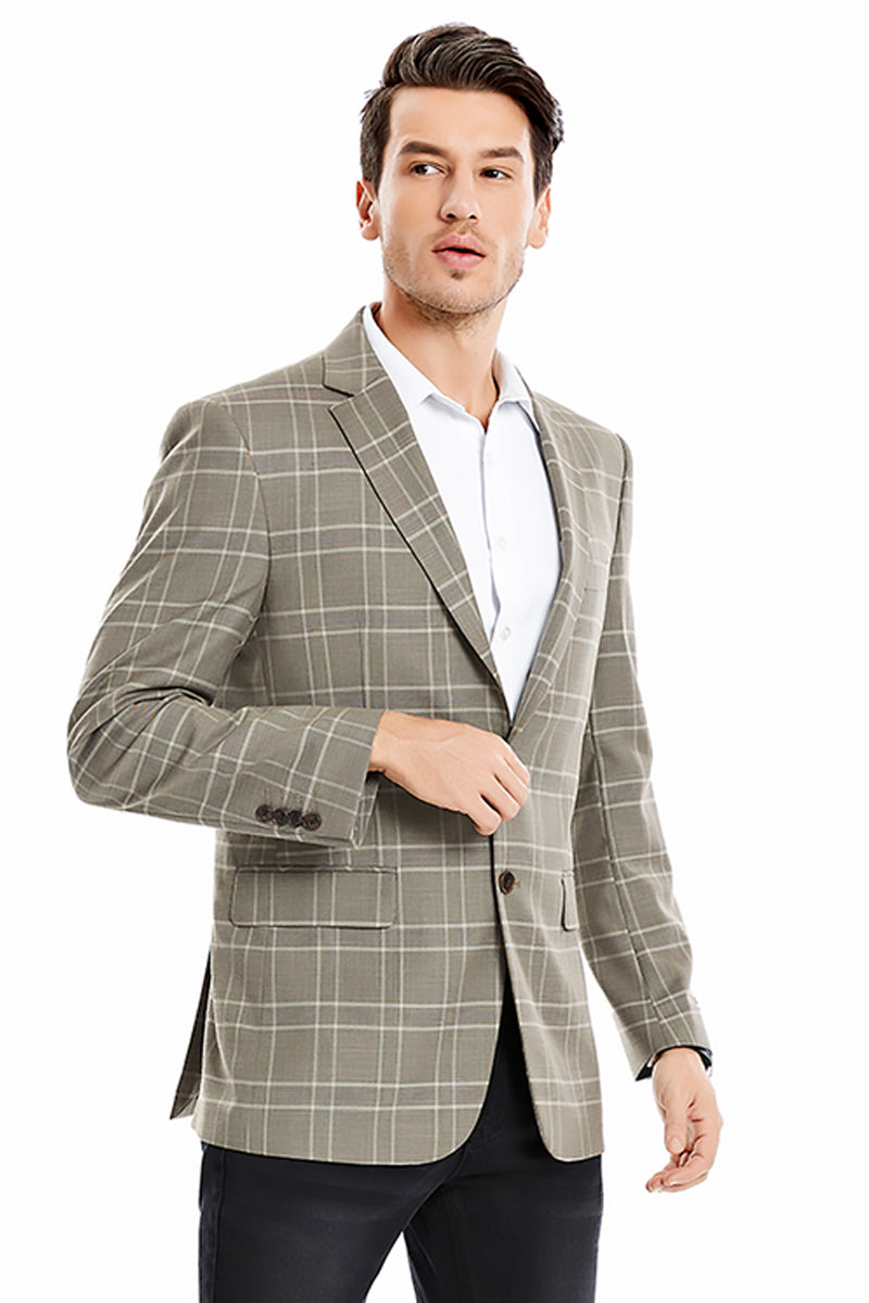 Men's Two Button Regular Fit Double Windowpane Plaid Blazer in Tan