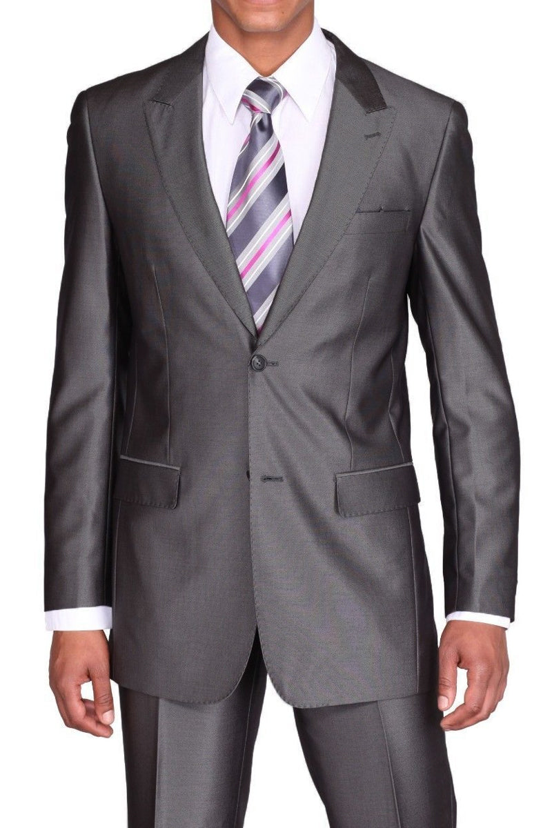 Mens 2 Button Slim Fit Peak Lapel Shiny Sharkskin Suit in Charcoal Grey