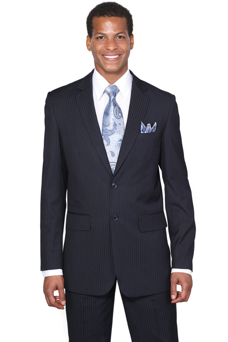 Mens 2 Button Modern Fit Smooth Tonal Pinstripe Business Suit in Navy ...
