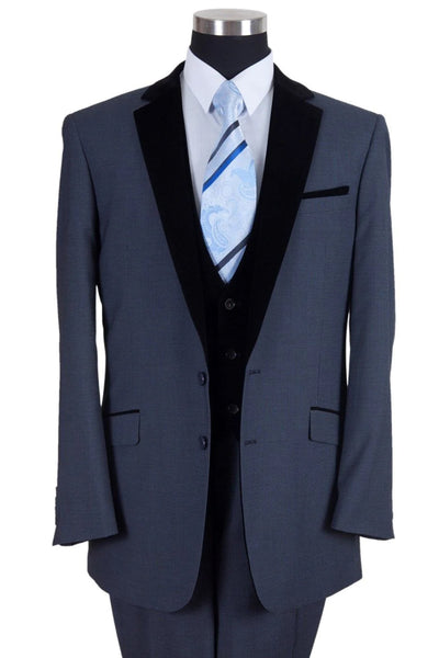 Mens Vested Modern Fit Tuxedo Suit in Navy Blue with Black Velvet Lapel and Vest