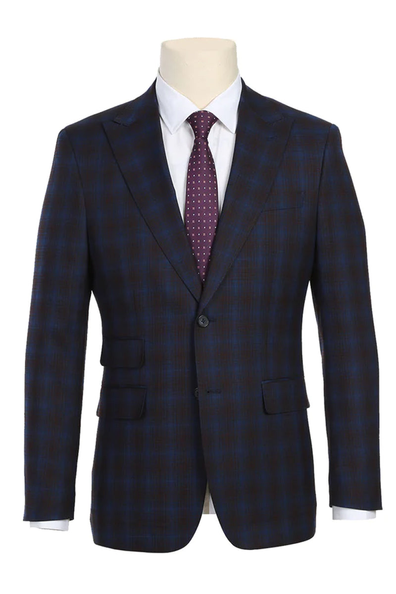 Mens Designer Two Button Slim Fit Peak Lapel Suit in Navy Blue & Burgu ...