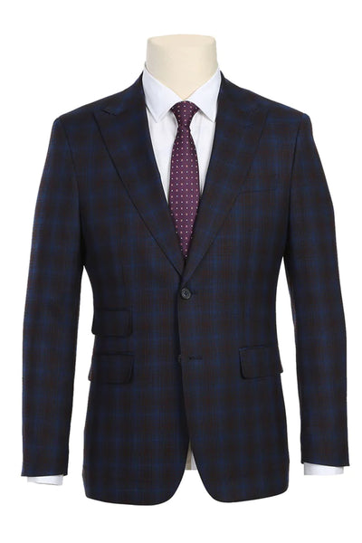 Mens English Laundry Two Button Slim Fit Peak Lapel Suit in Navy Blue & Burgundy Windowpane Plaid Check