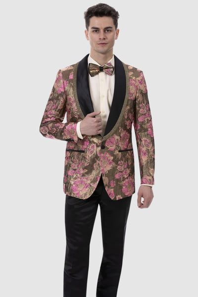 Mens Vinatal Style Floral Paisley Prom Tuxedo Smoking Jacket in Fuschia & Gold