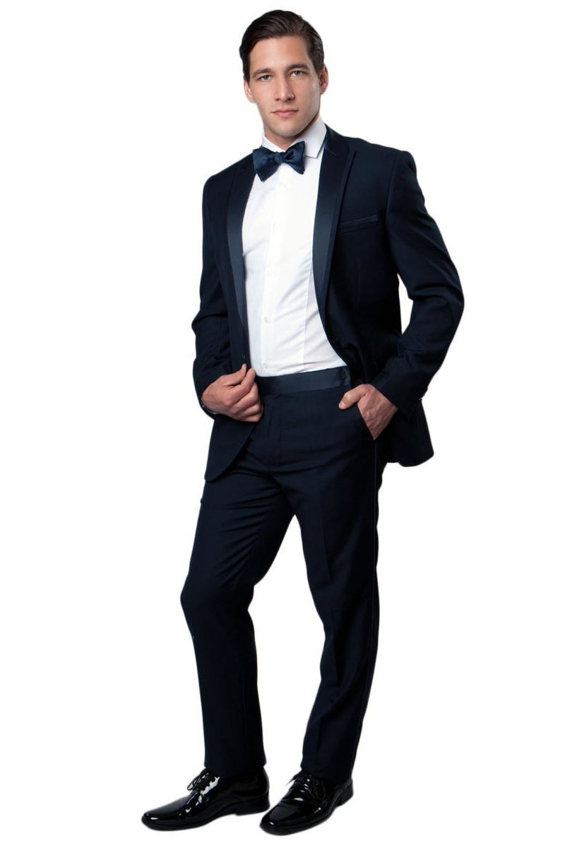 Men's Slim Fit One Button Satin Trim Peak Lapel Prom & Wedding Tuxedo in Navy Blue