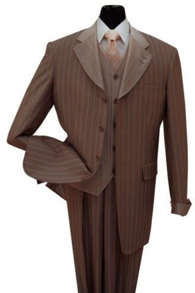 Mens Vested Shiny Sharkskin Pinstripe Fashion Zoot Suit in Brown