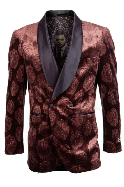 Men's Double Breasted Floral Rose Print Velvet Smoking Jacket in Rust