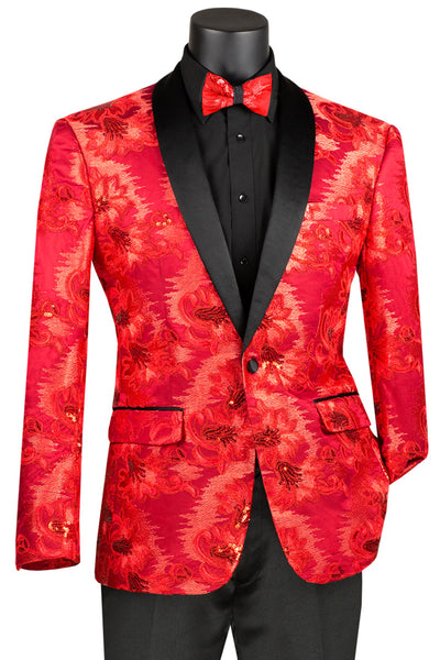 Mens Slim Fit Shiny Floral Sequin Prom Tuxedo Dinner Jacket in Red