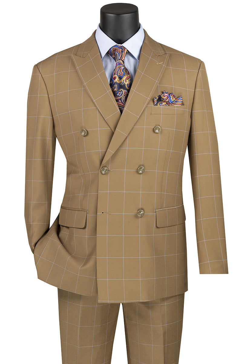 Mens Double Breasted Bold Windowpane Plaid Suit in Camel