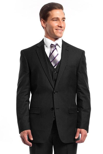 Men's Two Button Vested Business Suit in Black Pinstripe